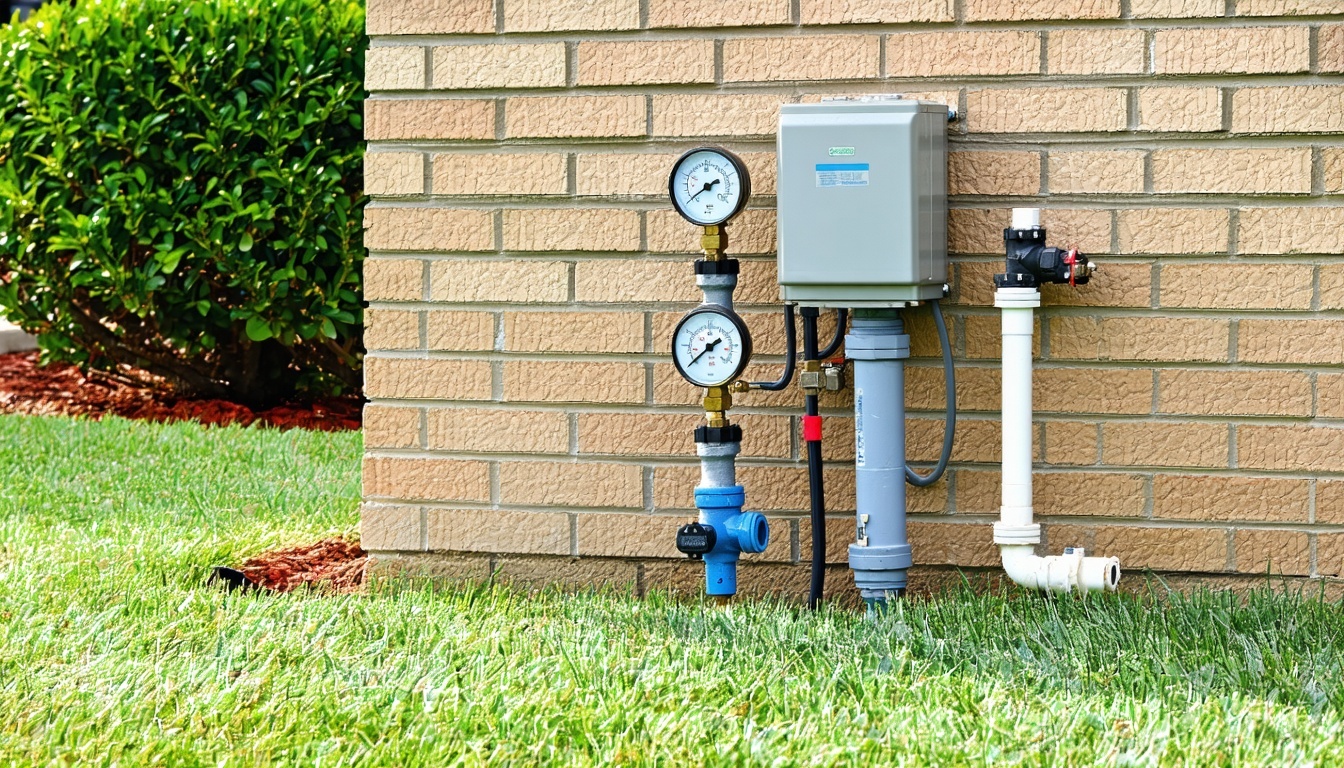 A backflow prevention assembly in a Houston TX yard installed above ground with pressure gauges and shutoff valves clearly visible The unit is positioned near a tan brick house foundation surrounded by trimmed grass and some Texasnative shrubs Profes-1