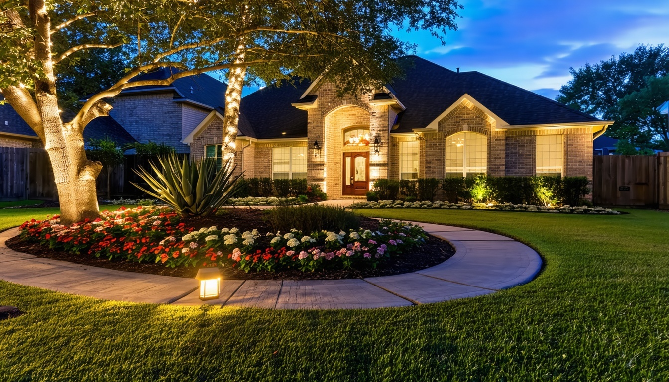 A beautifully lit Houston front yard at dusk with lowvoltage landscape lighting illuminating a curved flower bed and pathway The light tan brick home is softly glowing in the background and St Augustine grass looks lush under the warm subtle light Na-3