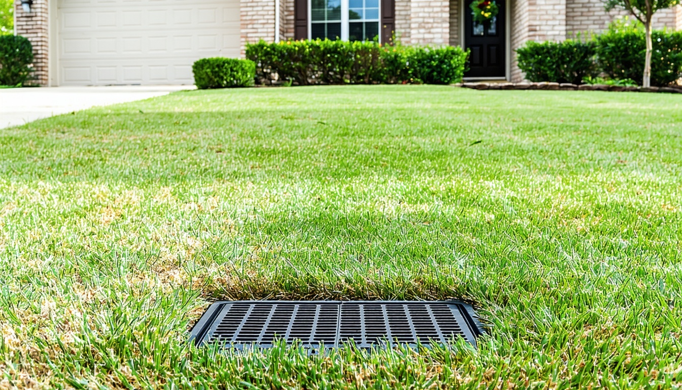 A clean suburban Houston yard with a visible black or green drainage grate installed at ground level in the lawn The house has a light tan brick exterior and the grass is lush and healthy The system blends naturally with the landscape Bright and sunn