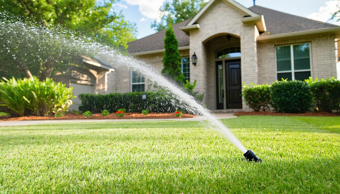 A standard inground sprinkler system watering a healthy green St Augustine lawn in front of a light tan brick home in Houston Texas The sprinkler system is misting the healthy lawn with water droplets catching the sunlight The background shows a well