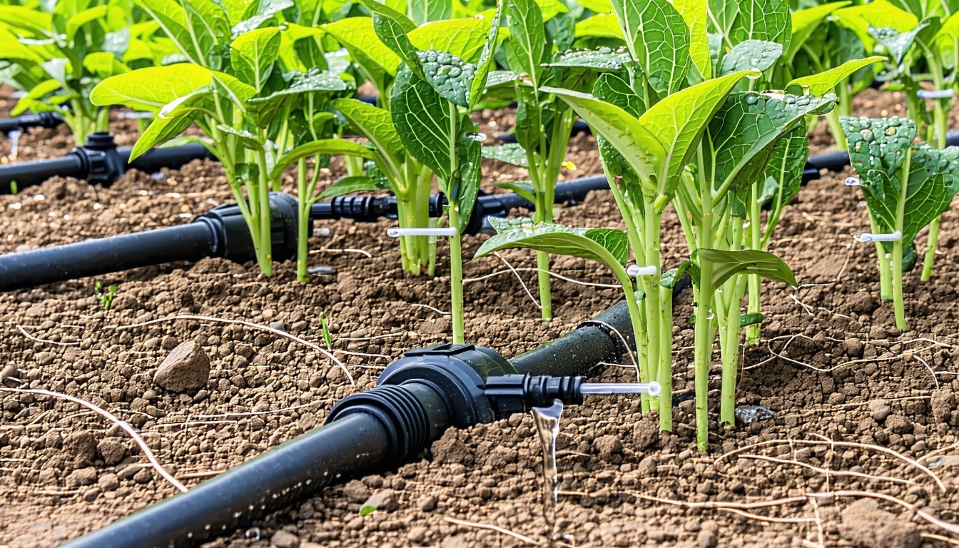Subsurface micro drip irrigation system in a garden bed with small black tubing and emitters delivering water directly to plant roots-3