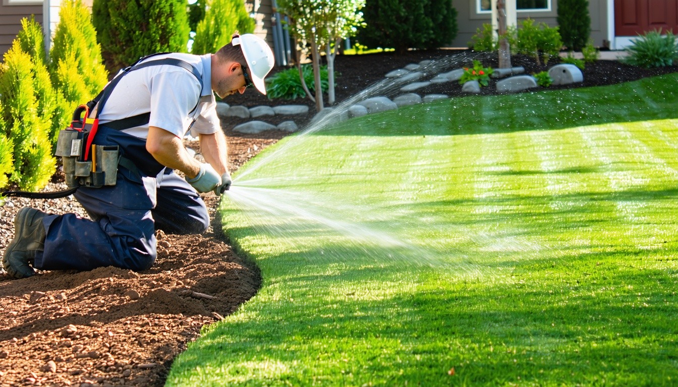 Technician installing a high-efficiency sprinkler system in a neatly landscaped suburban lawn showing trenching work PVC pipes sprinkler heads and a control box Sunlight casting soft shadows on a green lawn with garden beds trees and mulch The system-3
