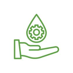Green line icon of a hand holding a water droplet with a gear, representing smart irrigation and water management expertise.