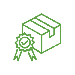 Green line icon of a package with a quality badge and checkmark, symbolizing premium products and supplier relationships.