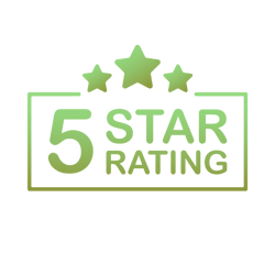 Green graphic icon of a 5-star rating, representing excellent customer reviews, streamlined client experience, and top-rated service quality.