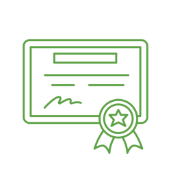 Green line icon of a certification or license with a ribbon badge and star, symbolizing professional credentials.